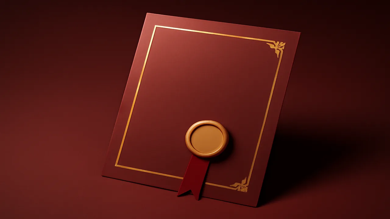 Editorial 3D render of an abstract certificate document with an ochre wax seal and crimson ribbon