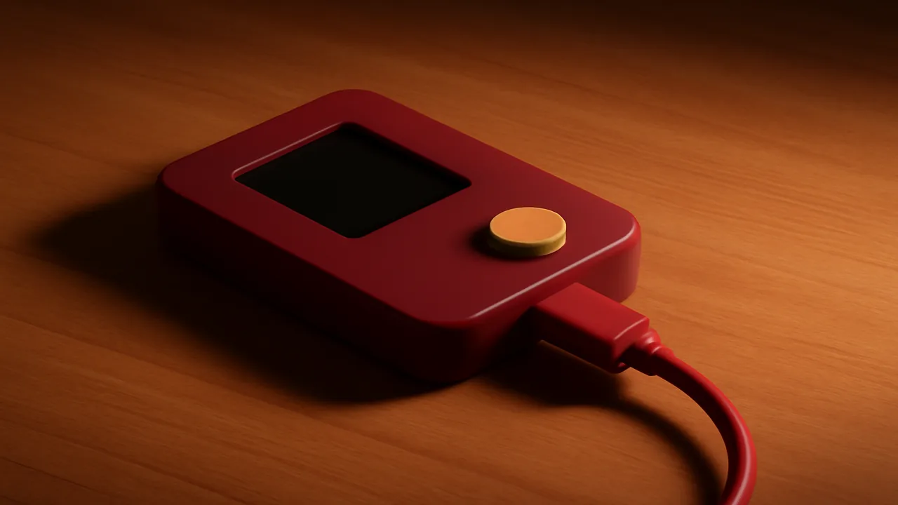 Editorial 3D render of an abstract crimson hardware wallet with ochre button on a wooden desk