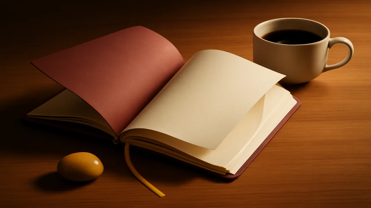 Editorial 3D still-life of a half-open crimson notebook with an ochre page ribbon on a wooden desk