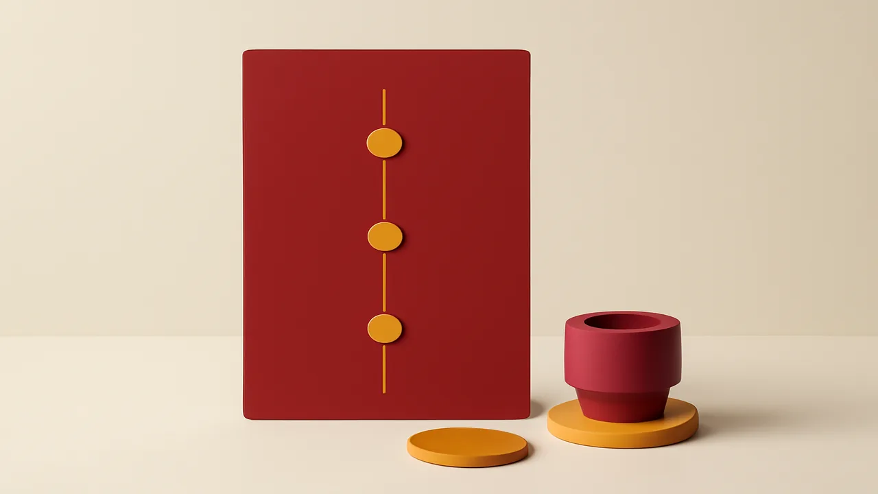 Abstract editorial shortlist desk composition rendered in muted crimson and ochre
