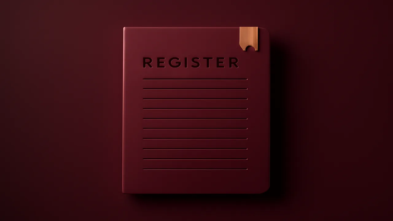 Editorial 3D render of an abstract register document with an ochre bookmark corner