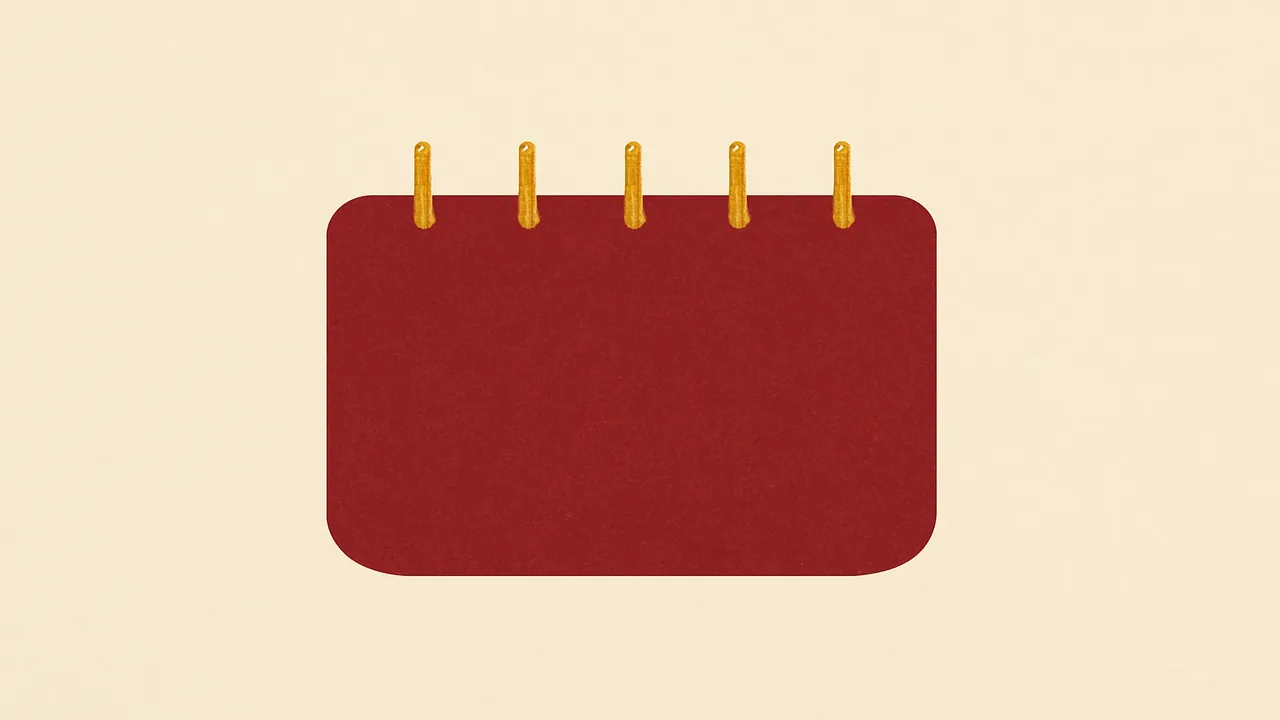 Abstract licence datebook motif rendered in muted crimson and ochre