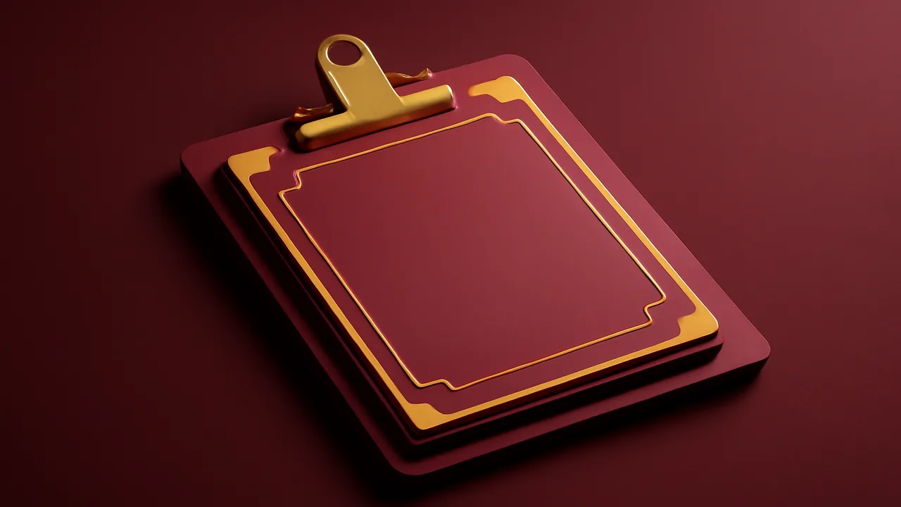 Editorial 3D render of an abstract clipboard with crimson certificates and ochre paperclip
