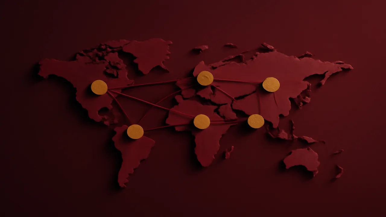 Editorial 3D render of an abstract map with six timeline dots representing offshore licensing jurisdictions