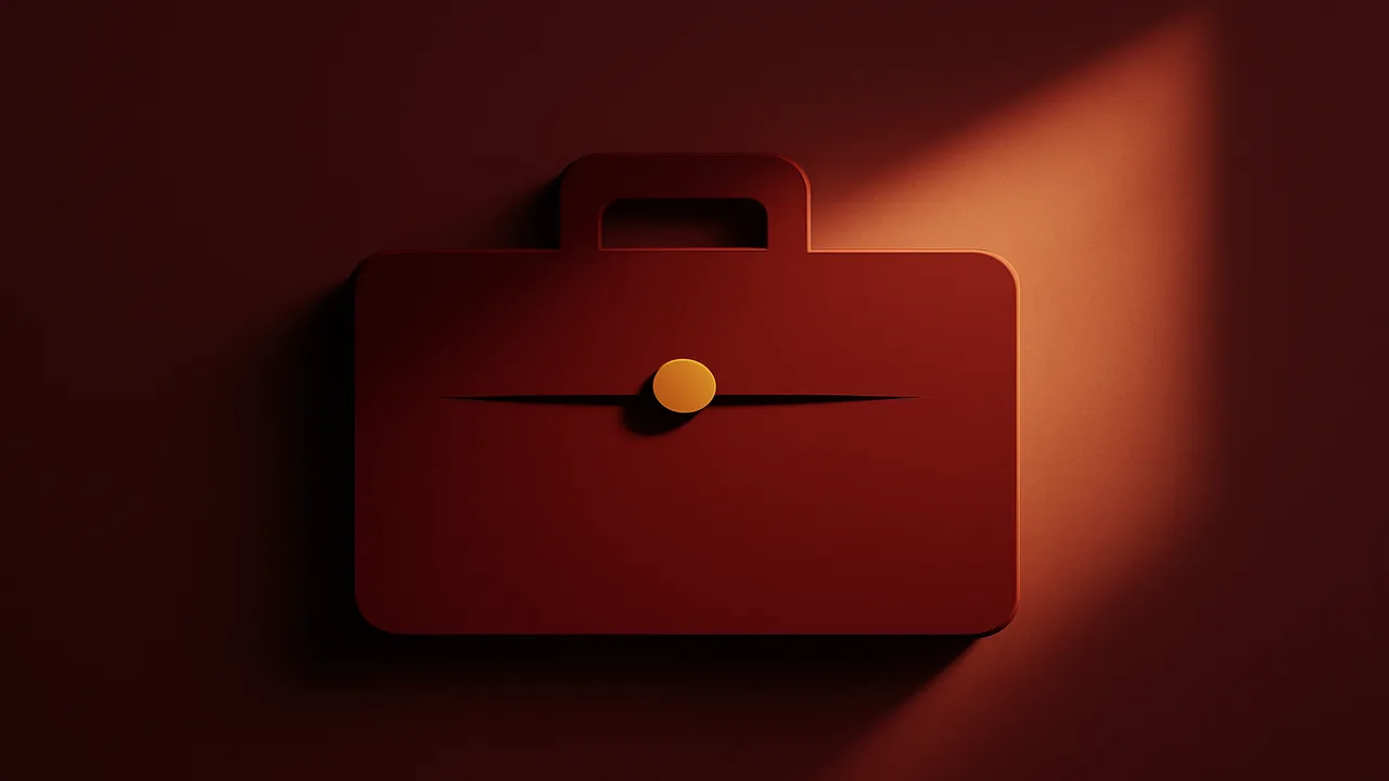 Abstract crimson briefcase silhouette with ochre catch-point highlight representing payment processor moves