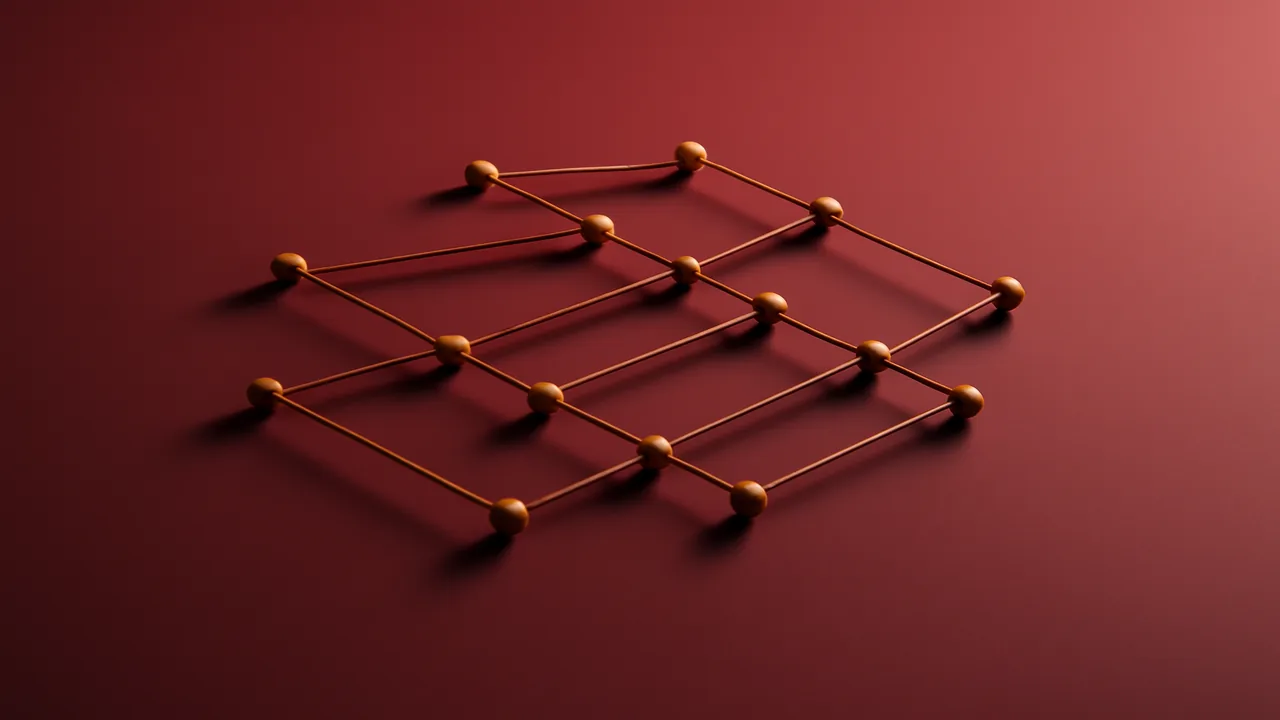 Editorial 3D render of an abstract network diagram in muted crimson with ochre intersection nodes