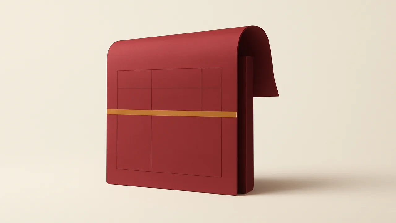 Abstract processor ledger fold rendered in muted crimson and ochre