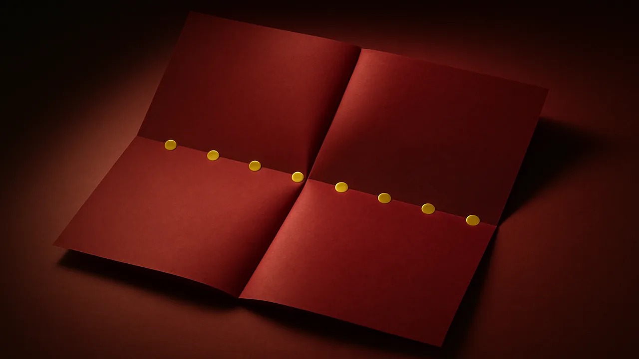 Abstract newsprint fold with six timeline dots along the crease in muted crimson and golden ochre