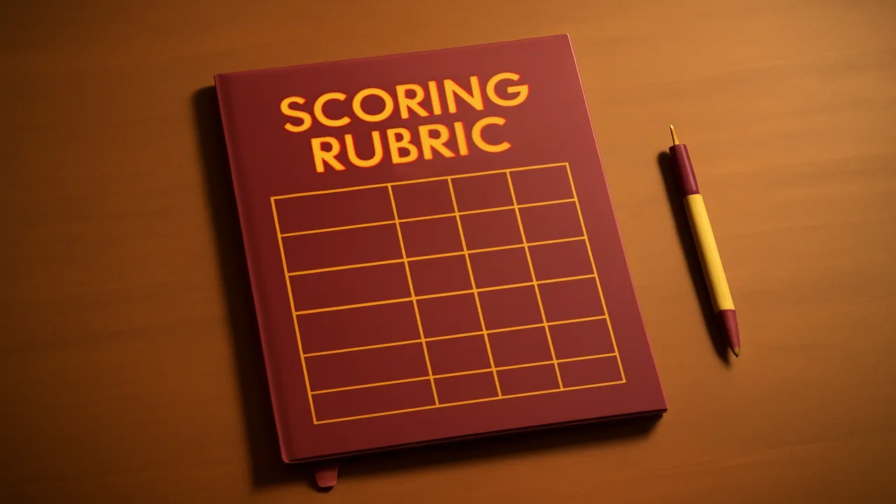 Editorial 3D still-life of an abstract scoring rubric layout on a wooden desk with crimson and ochre accents