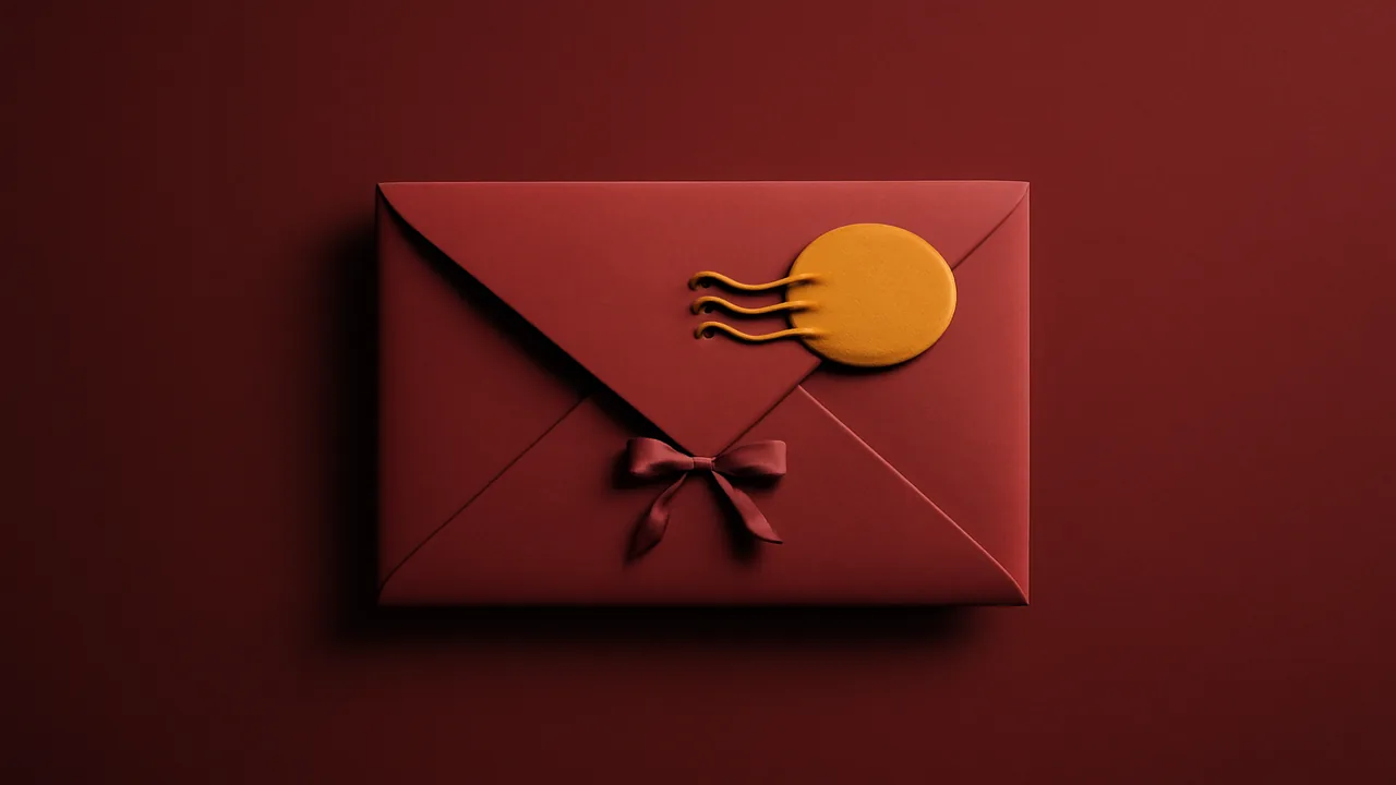Editorial 3D render of an abstract crimson envelope with an ochre postmark stamp