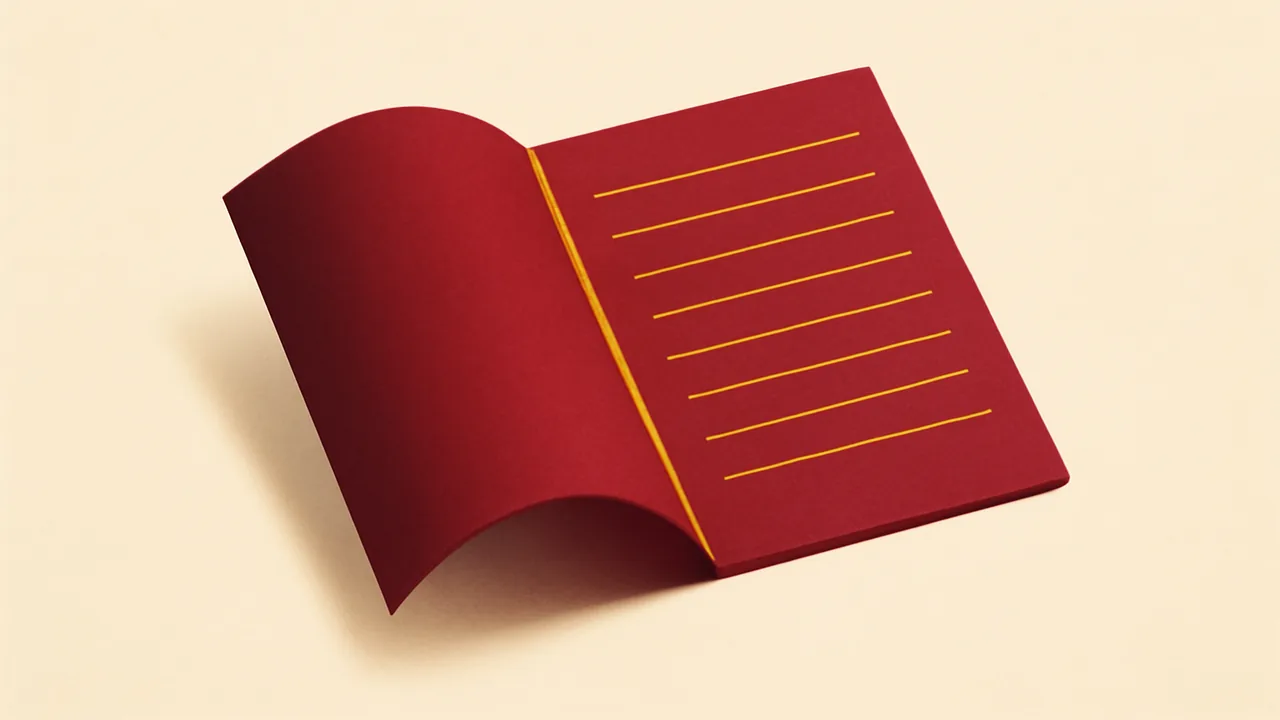 Abstract self-exclusion register fold rendered in muted crimson and ochre